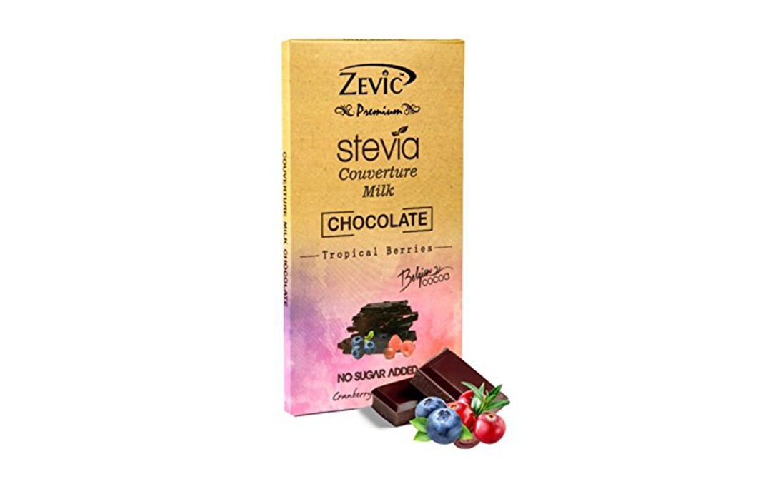 Zevic Stevia Couverture Milk Chocolate - Tropical Berries, Belgian Cocoa   Box  90 grams